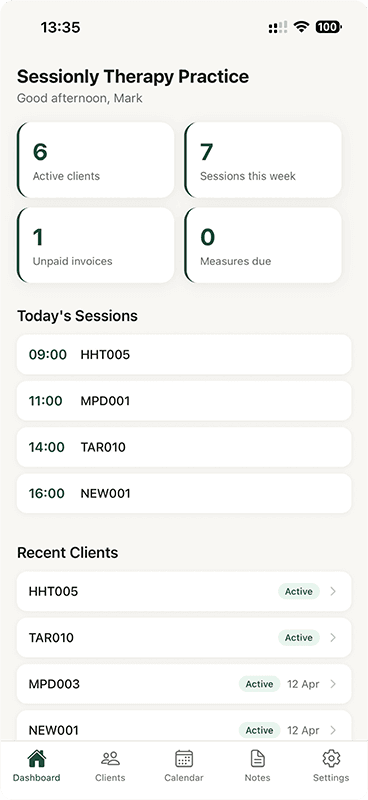 Sessionly iPhone app showing a Private Practitioner dashboard with active clients, sessions this week, unpaid invoices, today's sessions, and recent clients
