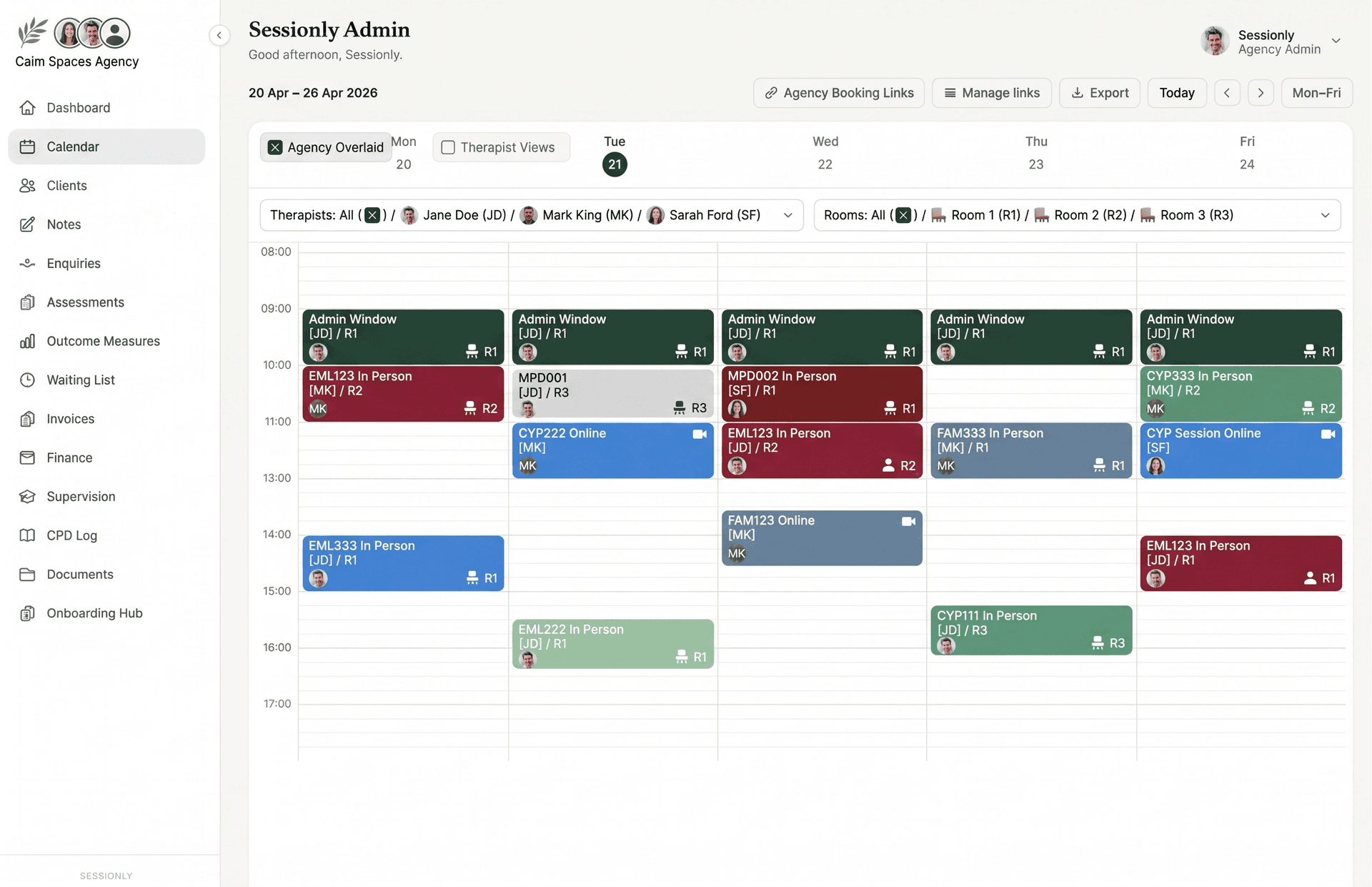 Sessionly shared calendar view showing therapy session appointments, room bookings and team availability overlaid in a single view for a UK therapy agency