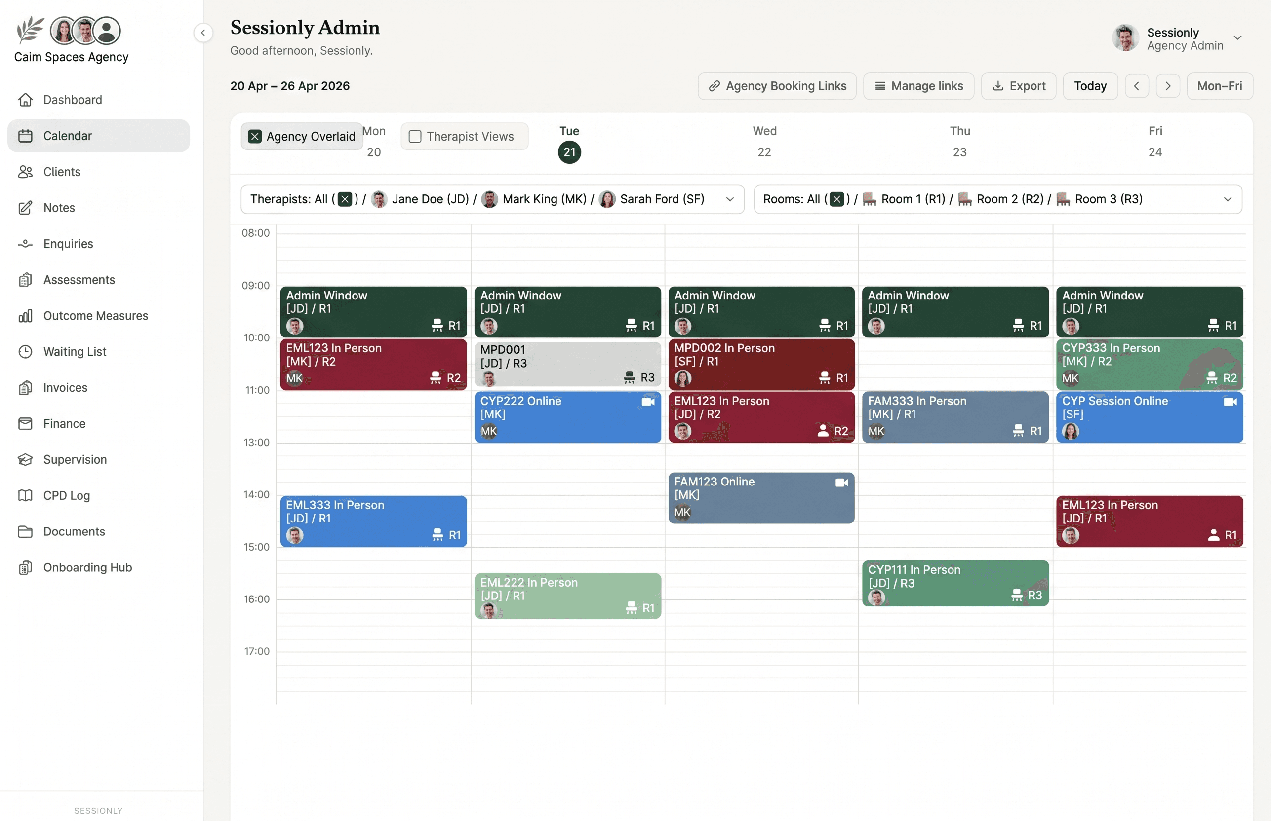 Sessionly shared calendar view showing therapy sessions, room bookings and team availability overlaid in a single view