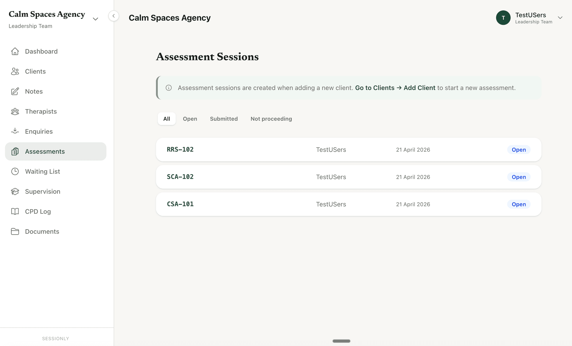 Sessionly assessment sessions view showing intake assessments, assigned assessors, and outcome statuses for a UK counselling CIC