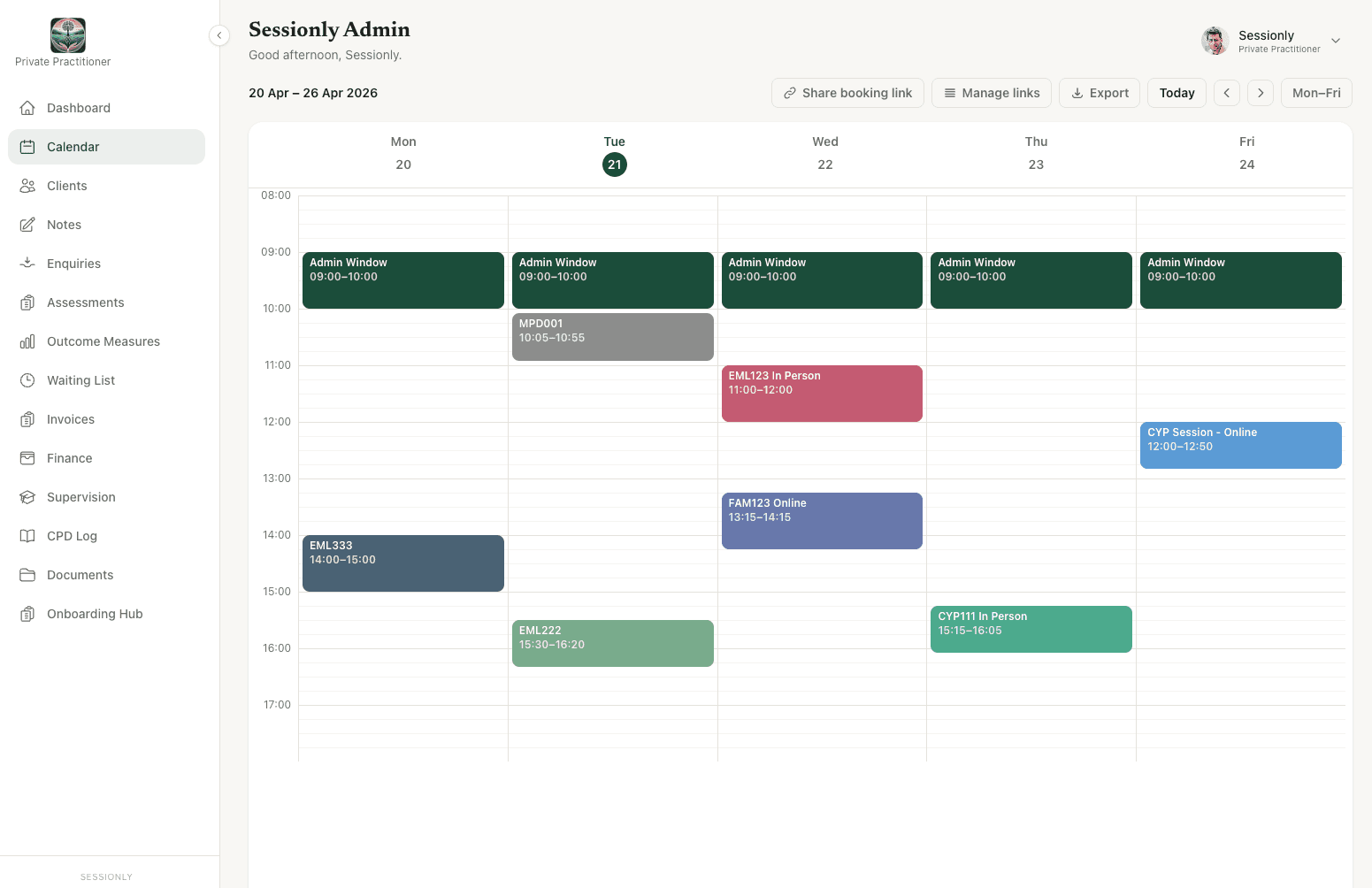 Sessionly weekly calendar showing colour-coded session types, booking links, and scheduled appointments for a UK therapy practice