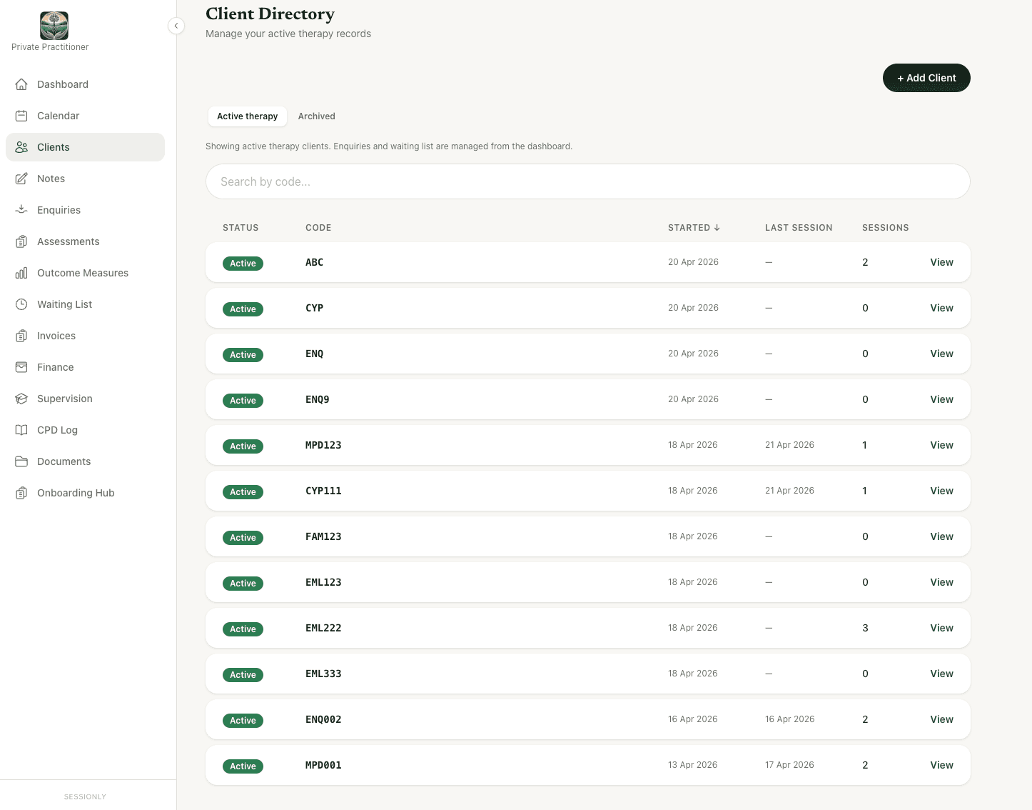 Sessionly client directory showing client statuses from enquiry through to ended, with clinical record codes and therapist assignments