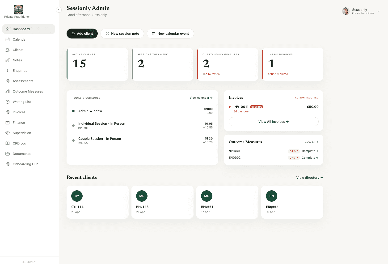 Sessionly practice management dashboard showing today's sessions, active clients, outstanding invoices, and outcome measure compliance
