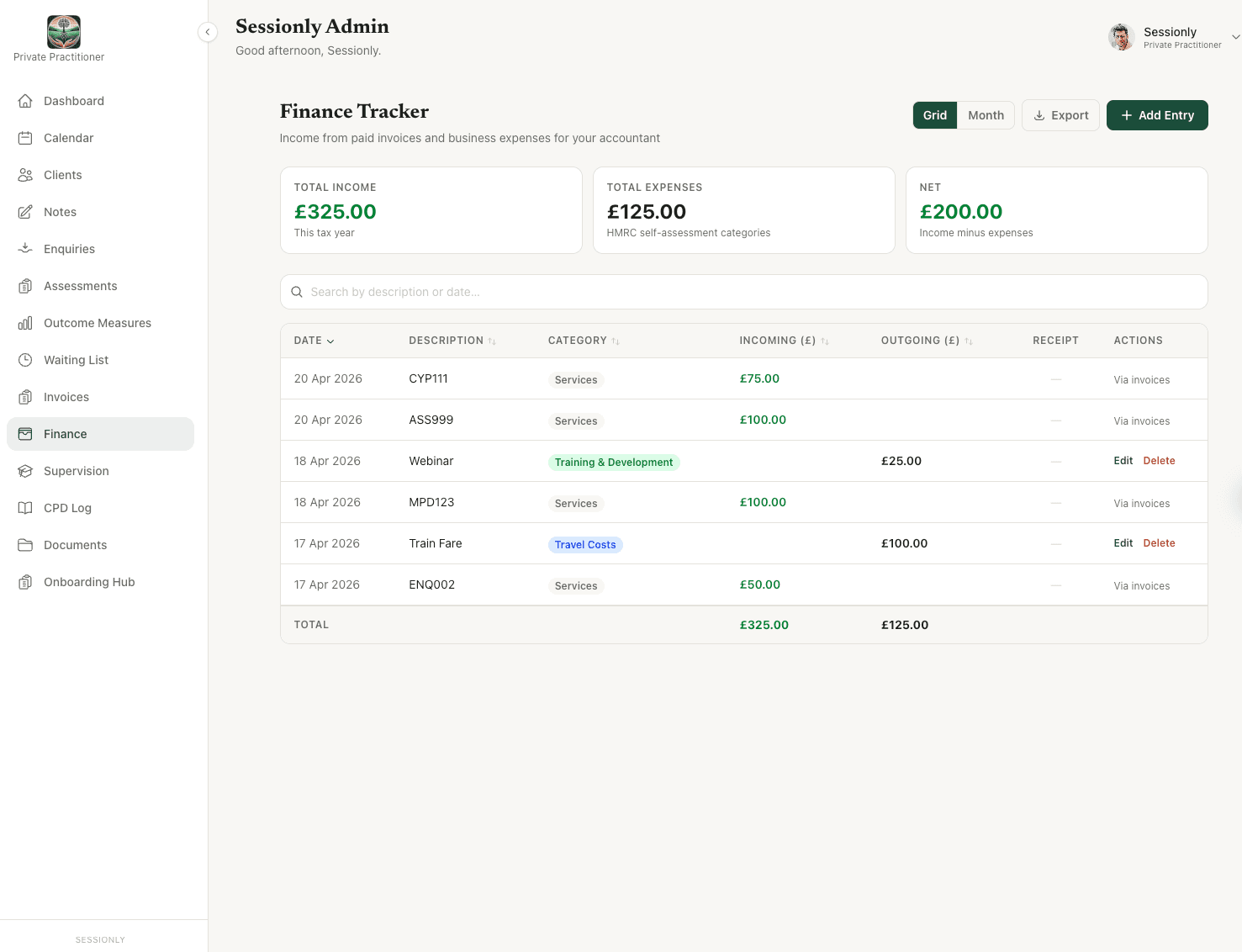 Sessionly finance tracking view showing income, expenses by HMRC category, and receipt uploads for a UK therapist