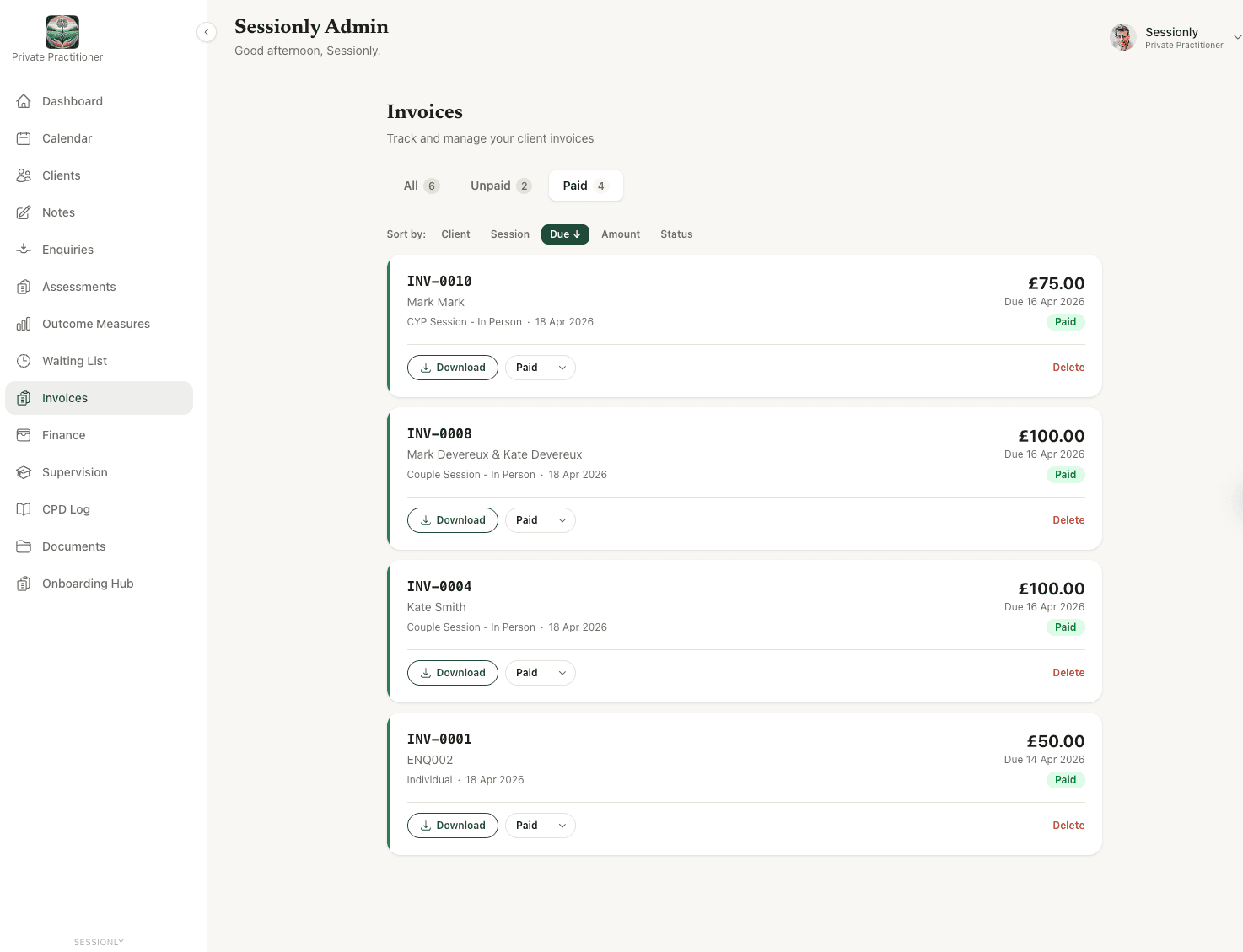 Sessionly invoice list showing unpaid, paid, and overdue invoices with automated reminders for a UK therapist