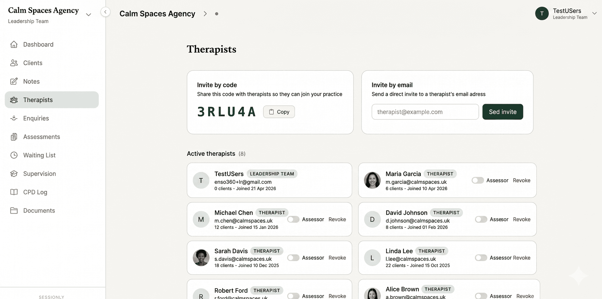 Sessionly therapist management view showing active therapists, client counts, and Assessor property toggles for a UK therapy agency