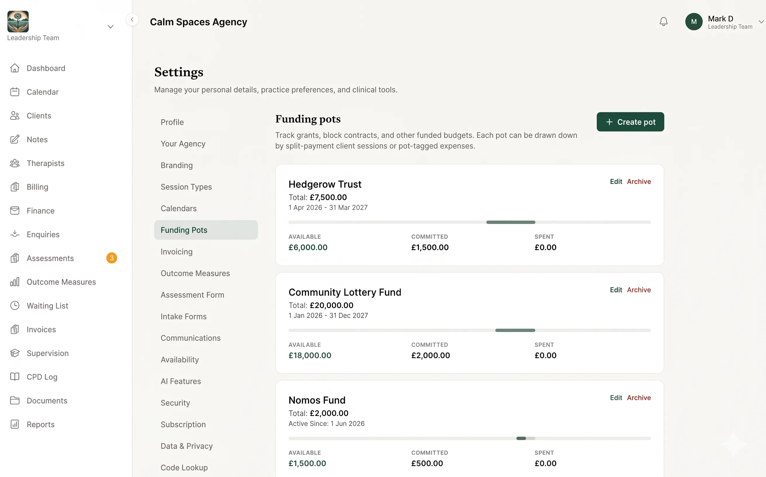 Funding pot setup screen in Sessionly, showing pot name, amount, and date range fields for a UK counselling CIC